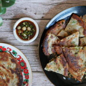 Flakey Ramp Pancakes with Ginger Soy Dipping Sauce